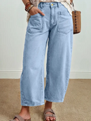 Solid Denim Barrel Jeans High Waist Patch Pocket Ankle