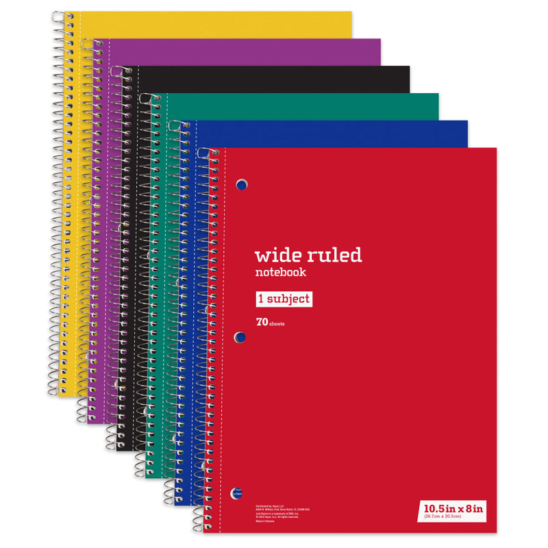 Just Basics Spiral Notebook, 8" x 10-1/2", Wide Ruled, 70 Sheets, Assorted Colors, Pack Of 6 Notebooks
