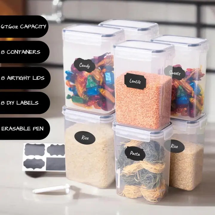 2-Liter Plastic Food Storage Containers Set of 8 with Labels