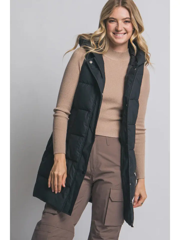 Hooded Long Quilted Puffer Vest