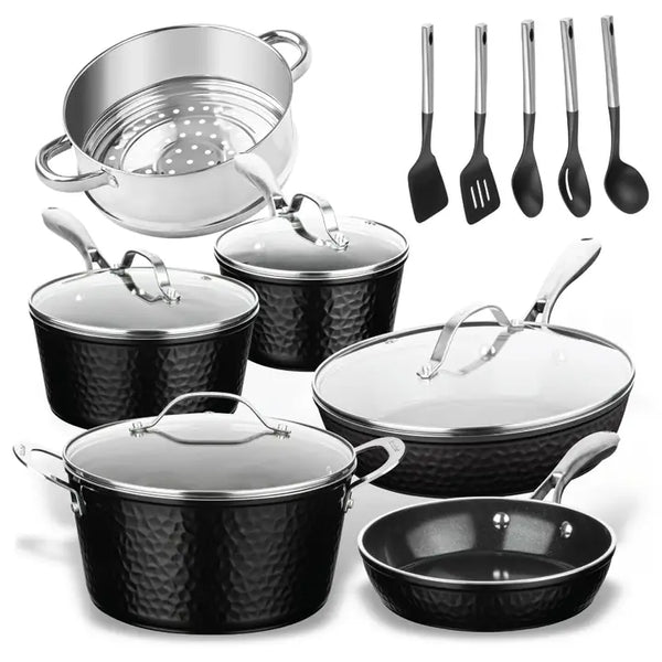 Hammered Black 15PC Aluminum Non-Stick Cookware Set