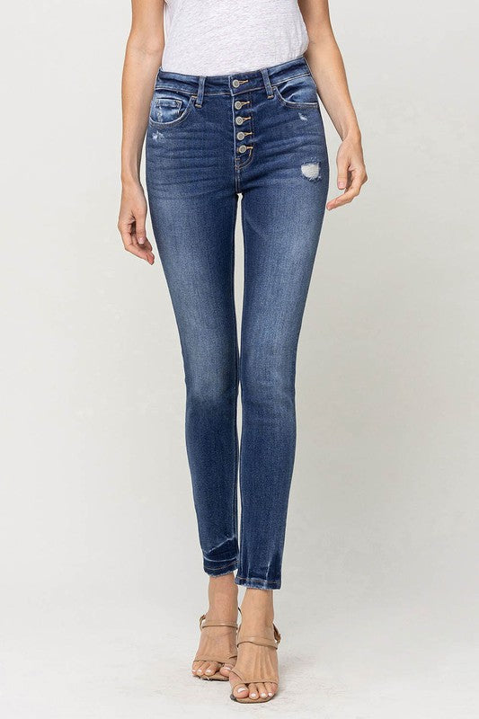 High Rise Button Up Ankle Skinny Jeans