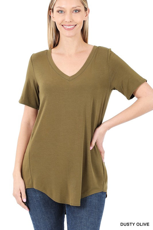 LUXE RAYON SHORT SLEEVE V-NECK HI-LOW HEM TOP