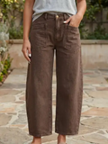 Solid Denim Barrel Jeans High Waist Patch Pocket Ankle