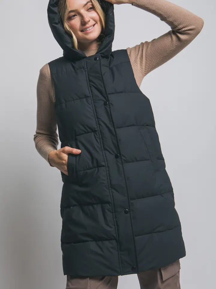 Hooded Long Quilted Puffer Vest