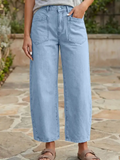 Solid Denim Barrel Jeans High Waist Patch Pocket Ankle