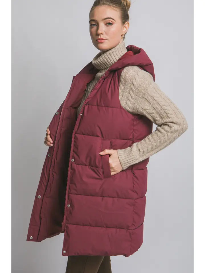 Hooded Long Quilted Puffer Vest