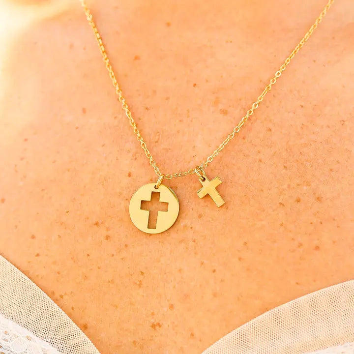 Stainless Steel Cutout 2 Piece Cross Necklace