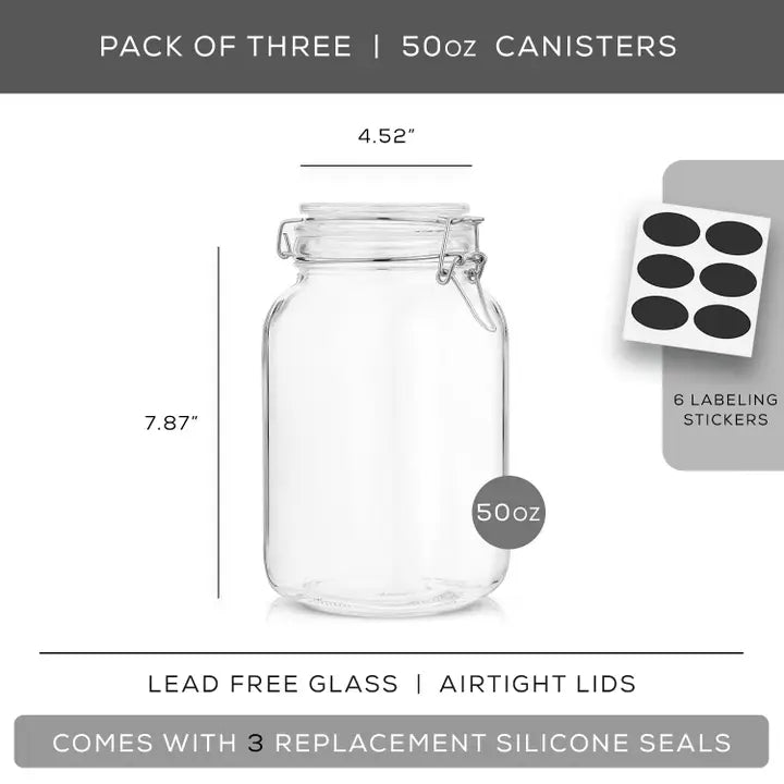 Glass Food Storage Jar with Airtight Clamp Lids - Set of 3