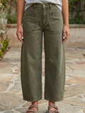 Solid Denim Barrel Jeans High Waist Patch Pocket Ankle