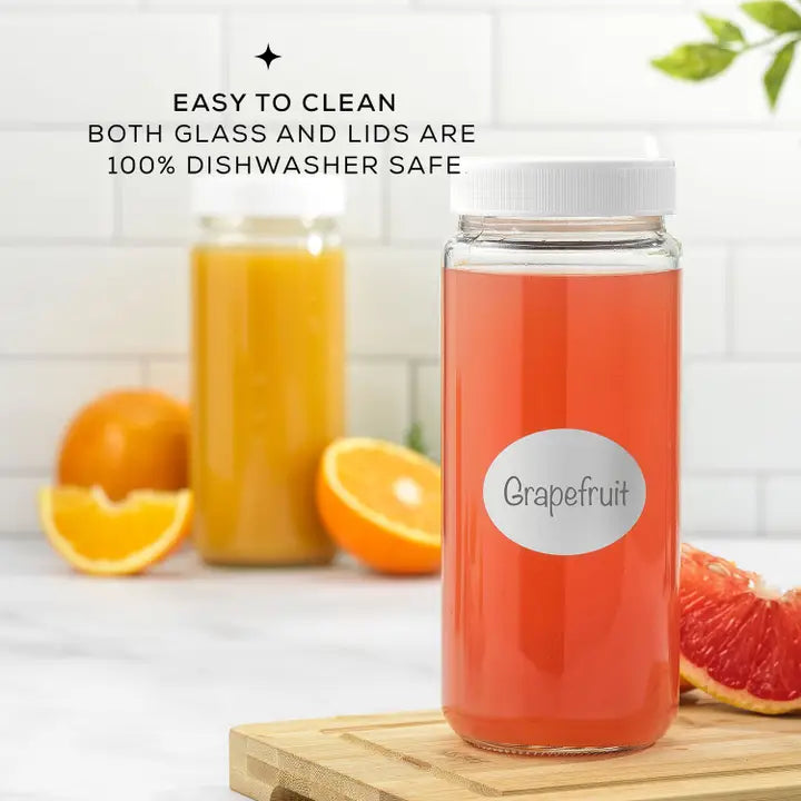 JoyJolt Reusable Glass Juice Bottles with Lids - Set of 8