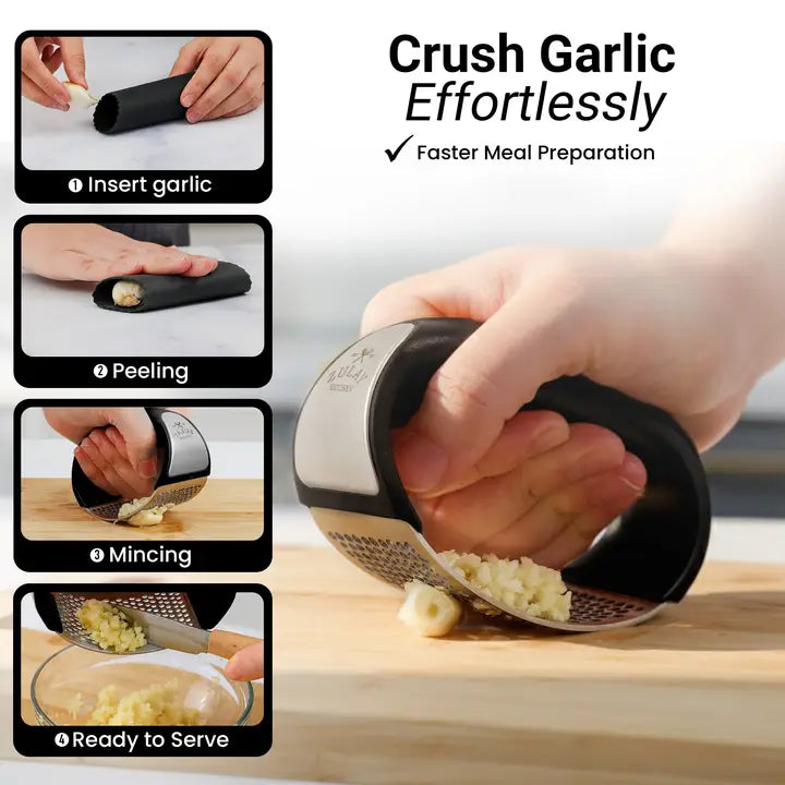 Garlic Press Rocker with Silicone Peeler & Scraper Set