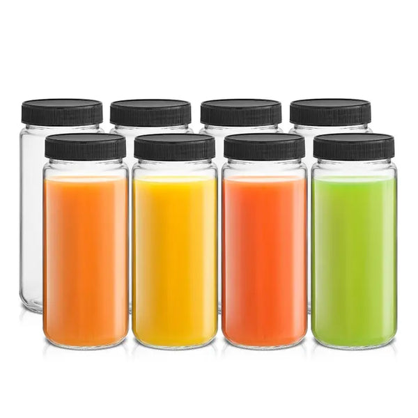 JoyJolt Reusable Glass Juice Bottles with Lids - Set of 8