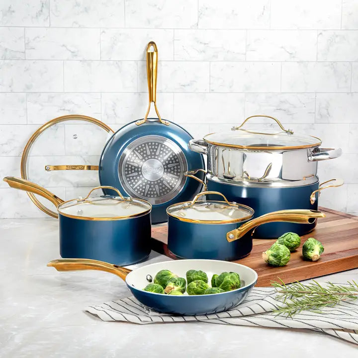 Gotham Steel Blue/Cream Gold Handles 15 Piece Cookware Set