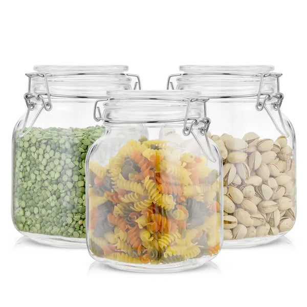 Glass Food Storage Jar with Airtight Clamp Lids - Set of 3