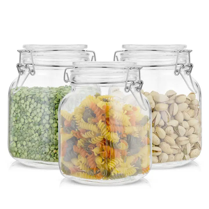 Glass Food Storage Jar with Airtight Clamp Lids - Set of 3