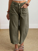 Solid Denim Barrel Jeans High Waist Patch Pocket Ankle