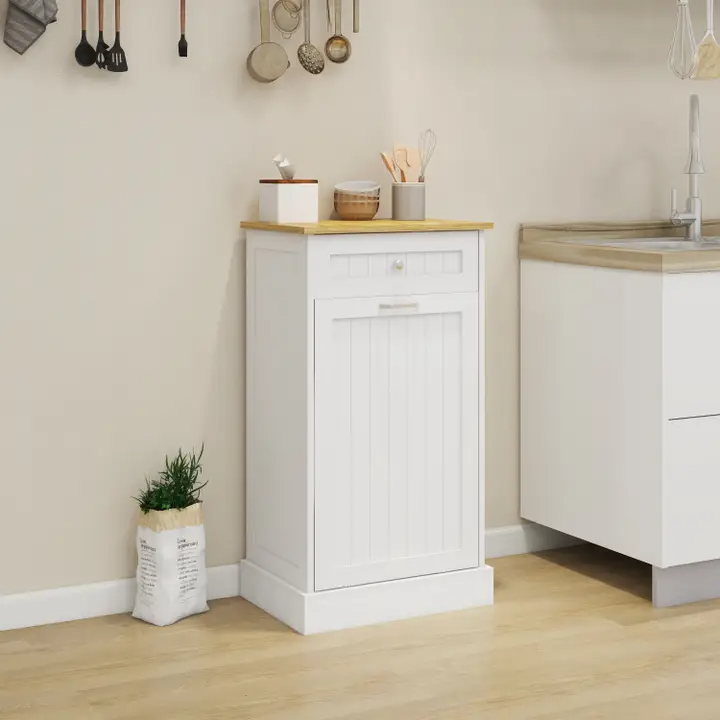 Black Tilt-Out Trash Cabinet with Drawer and Storage