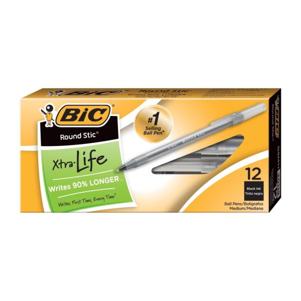 BIC Round Stic Ballpoint Pens, Medium Point, 1.0 mm, Translucent Barrel, Blue Ink, Pack Of 12