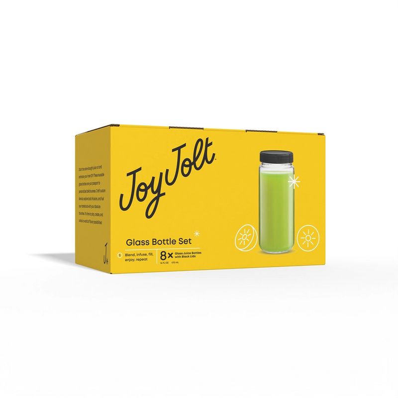 JoyJolt Reusable Glass Juice Bottles with Lids - Set of 8