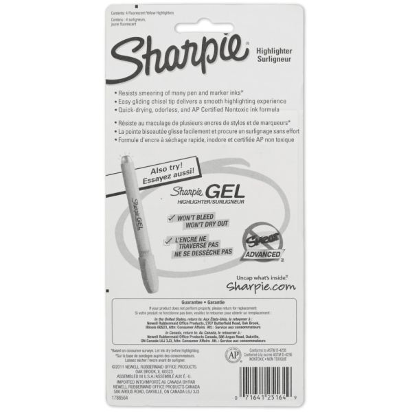 Sharpie Tank-Style Highlighters, Fluorescent Yellow, Pack Of 4