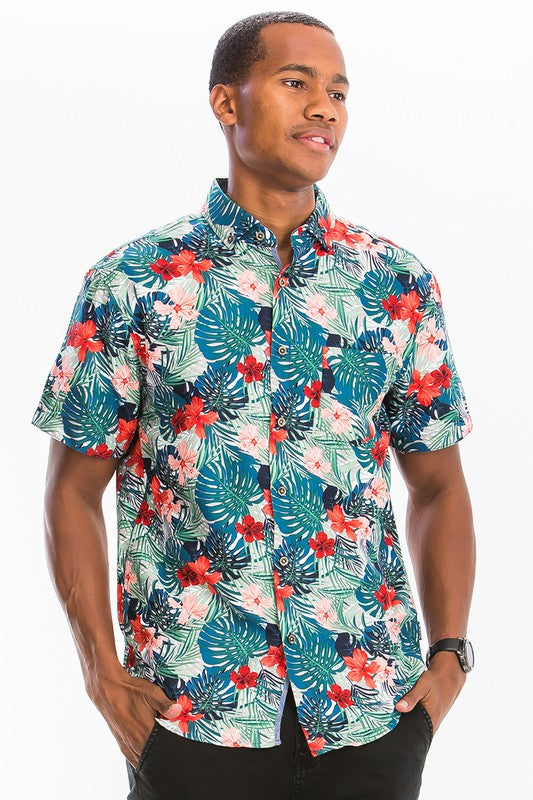 Weiv Mens Print Hawaiian Button Down Shirt