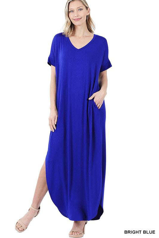 VISCOSE SIDE SLIT V NECK SHORT SLEEVE MAXI DRESS
