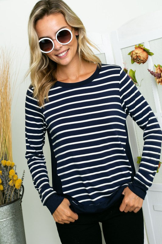 STRIPE SOLID MIXED ROUND NECK HIGH LOW TOP