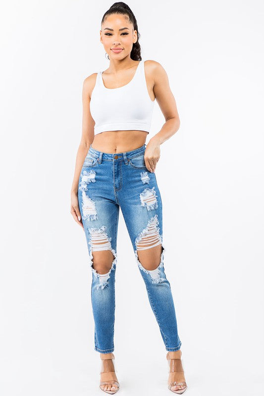 HIGH WAIST CUT OUT STRAIGHT JEANS - OutletSavings