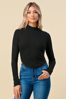 RIBBED MOCK NECK ROUND HEM LONG SLEEVE TOP - OutletSavings