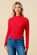 RIBBED MOCK NECK ROUND HEM LONG SLEEVE TOP - OutletSavings