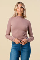 RIBBED MOCK NECK ROUND HEM LONG SLEEVE TOP - OutletSavings