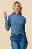 RIBBED MOCK NECK ROUND HEM LONG SLEEVE TOP - OutletSavings