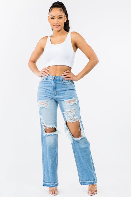 HIGH WAIST DISTRESSED WIDE LEG JEANS - OutletSavings