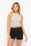 Stripped Ribbed Thick Strap Crop Halter Tank Top
