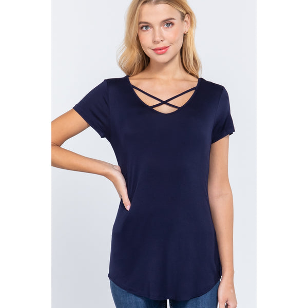 FITTED SHORT SLEEVE V-NECK CROSS STRAP RAYON SPANDEX JERSEY TOP - OutletSavings