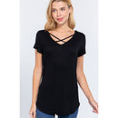 FITTED SHORT SLEEVE V-NECK CROSS STRAP RAYON SPANDEX JERSEY TOP - OutletSavings