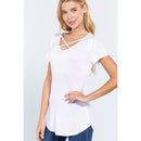 FITTED SHORT SLEEVE V-NECK CROSS STRAP RAYON SPANDEX JERSEY TOP - OutletSavings
