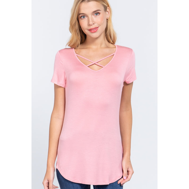 FITTED SHORT SLEEVE V-NECK CROSS STRAP RAYON SPANDEX JERSEY TOP