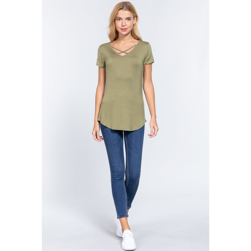 FITTED SHORT SLEEVE V-NECK CROSS STRAP RAYON SPANDEX JERSEY TOP
